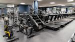 Modernt gym med rad av löpband till höger och träningscyklar samt crosstrainers till vänster, blå väggar och grått golv.