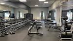 Modernt gym med hantlar längs väggen, träningsbänkar och viktskivor. Grått golv och stora speglar på väggarna.