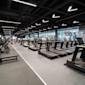 Modernt gym med rad av svarta löpband, styrketräningsutrustning och stora fönster under industriellt svart tak.