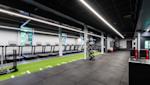 Moderne treningsstudio med tredemøller langs veggen, grønn løpebane på gulvet og svart tak med LED-belysning.