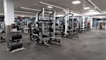 Modernt gym med styrketräningsutrustning, squat racks och vikter på grått golv med synliga ventilationskanaler i taket.