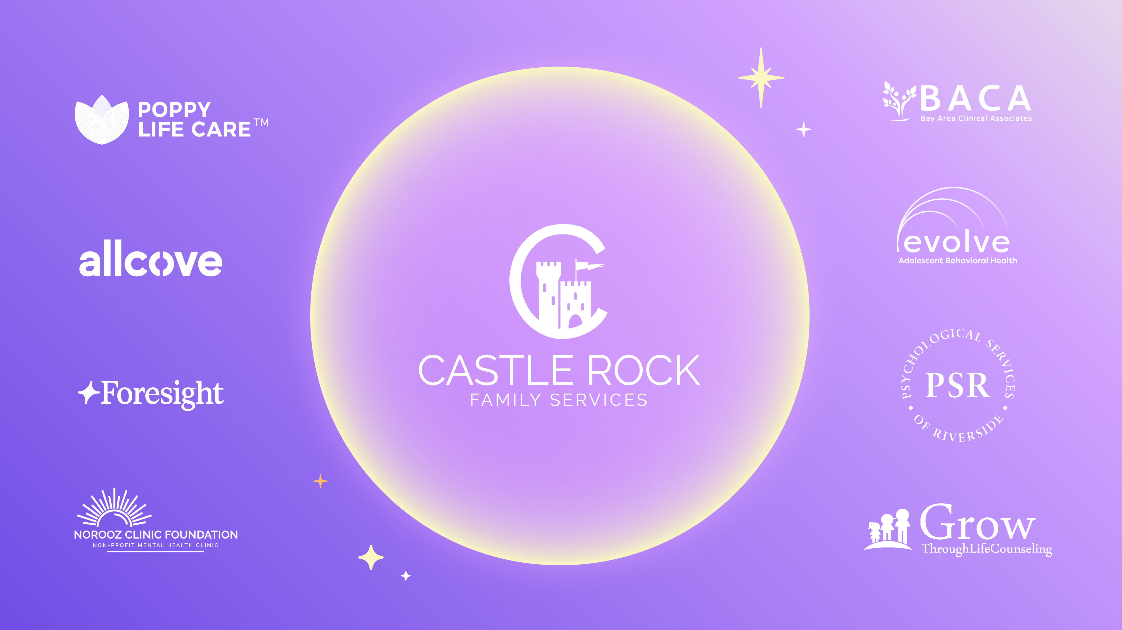 A compilation of affiliate network partner logos with Castle Rock Family services highlighted in the middle. Other logos include Poppy Life Care, allcove, Foresight, Norooz Clinic Foundation, BACA, evolve, PSR, and Grow.