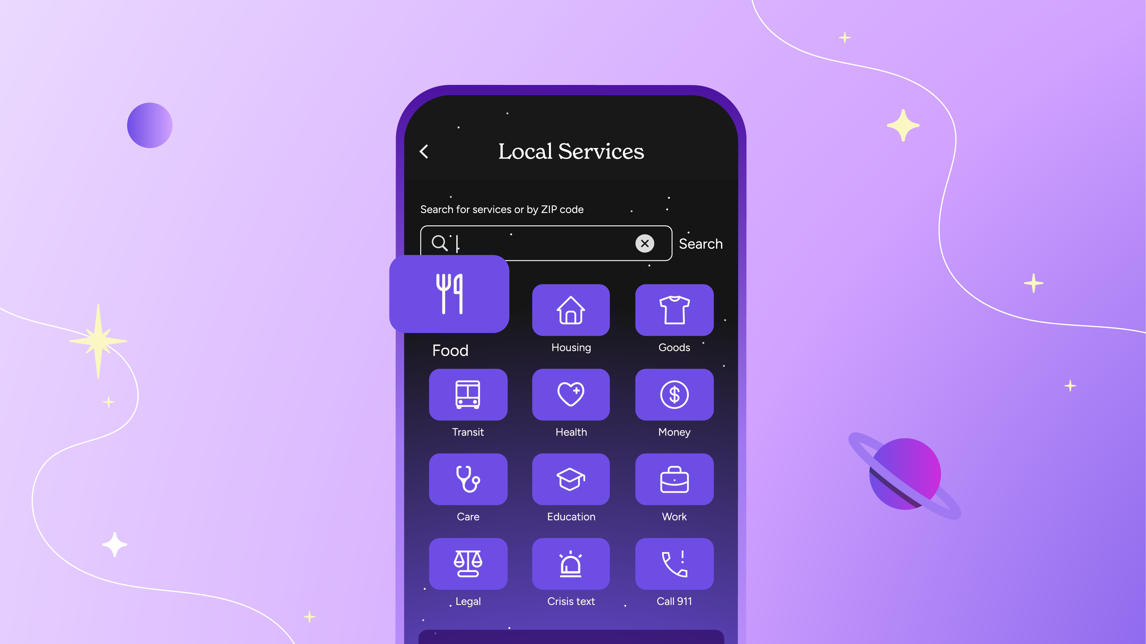 A screenshot of the Soluna app when looking for local resources. Buttons on this screen include food, housing, travel, health, money, care, education, work, legal, crisis support, and 911.