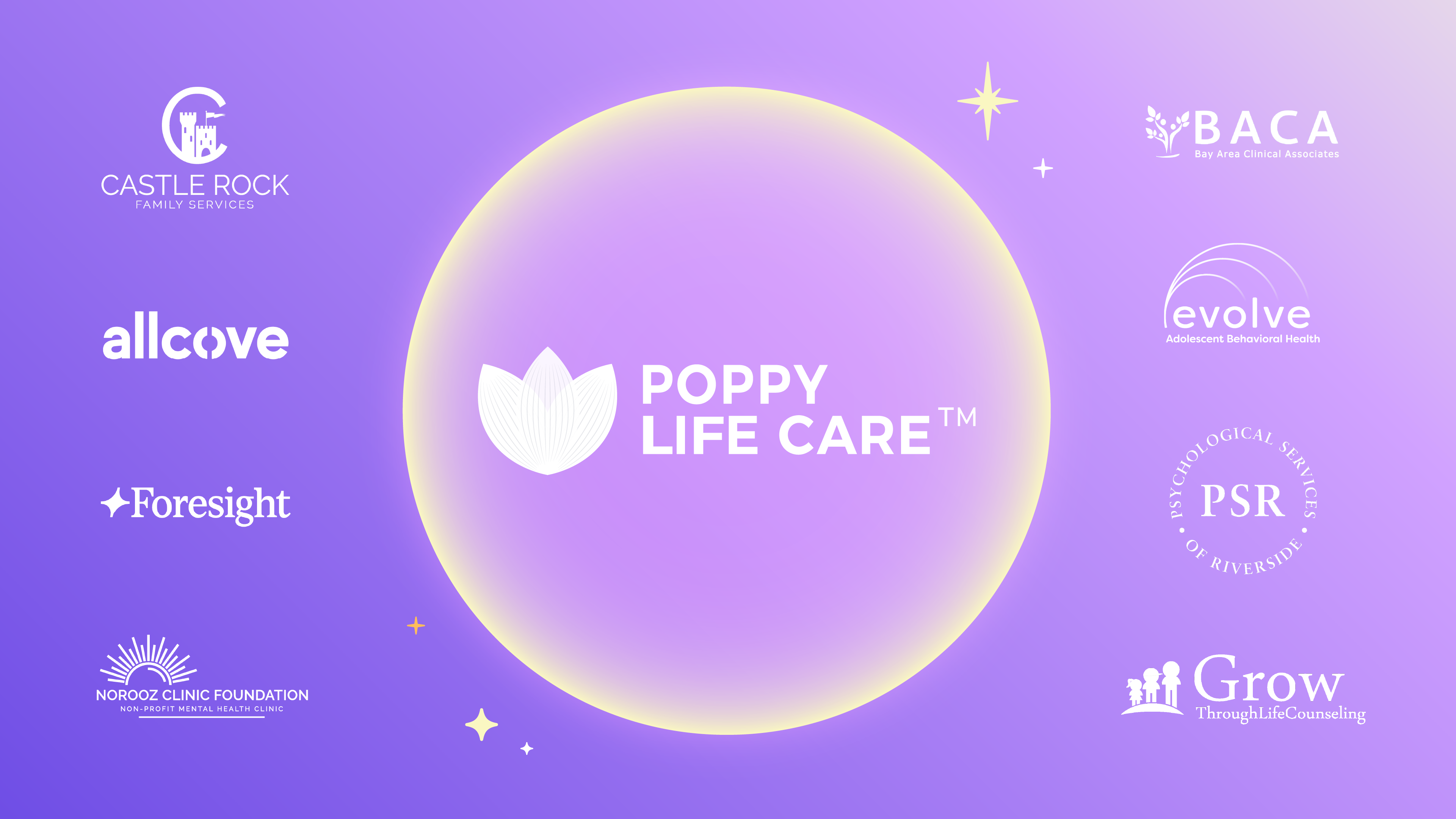A compilation of affiliate network partner logos with Poppy Life Care highlighted in the middle. Other logos include Norooz Clinic Foundation, allcove, Foresight, Castle Rock Family, BACA, evolve, PSR, and Grow.