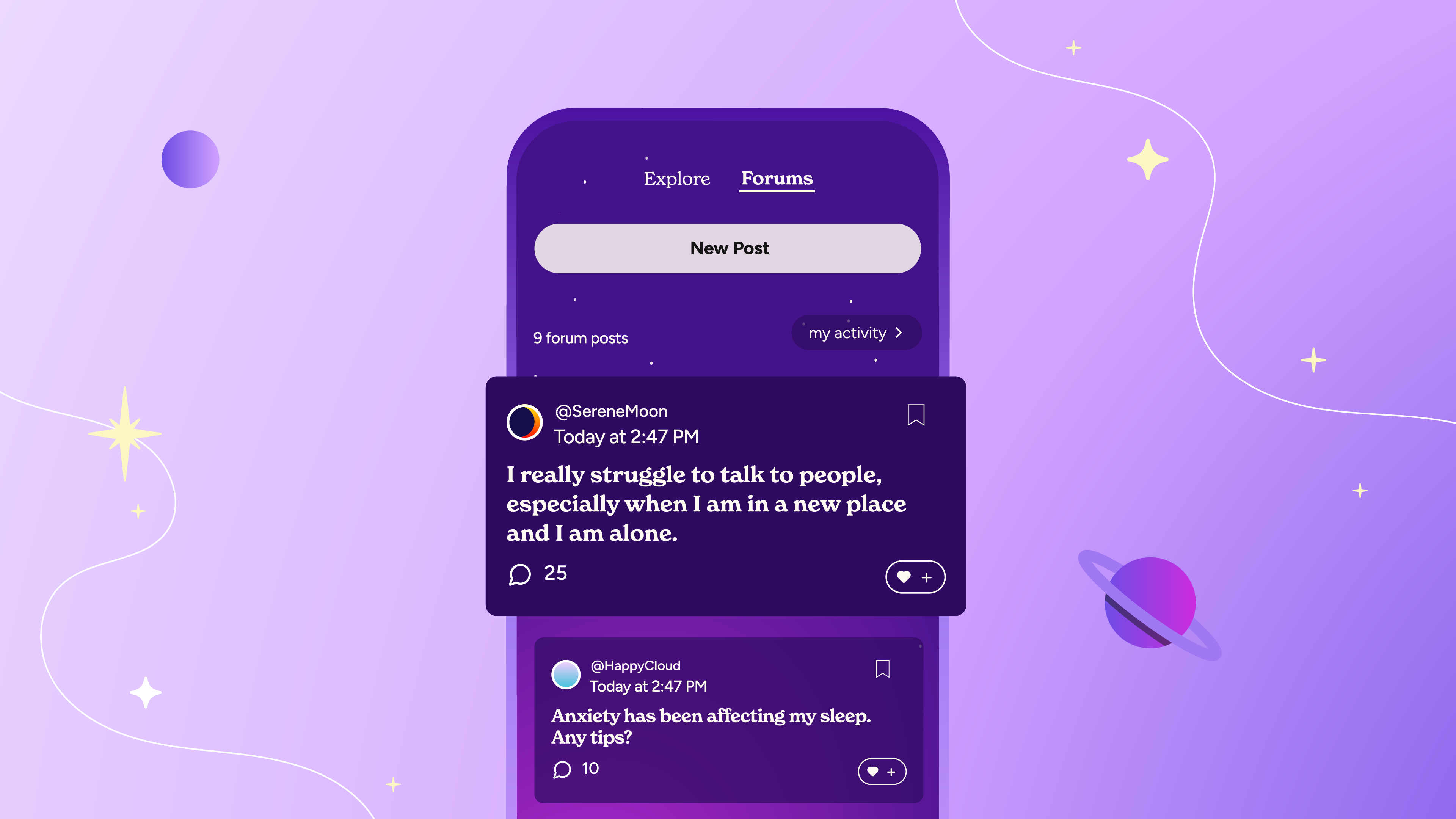 A screenshot of the Soluna app when looking at community forums. This forum post says, "I really struggle to talk to people, especially when I am in a new place and I am alone."