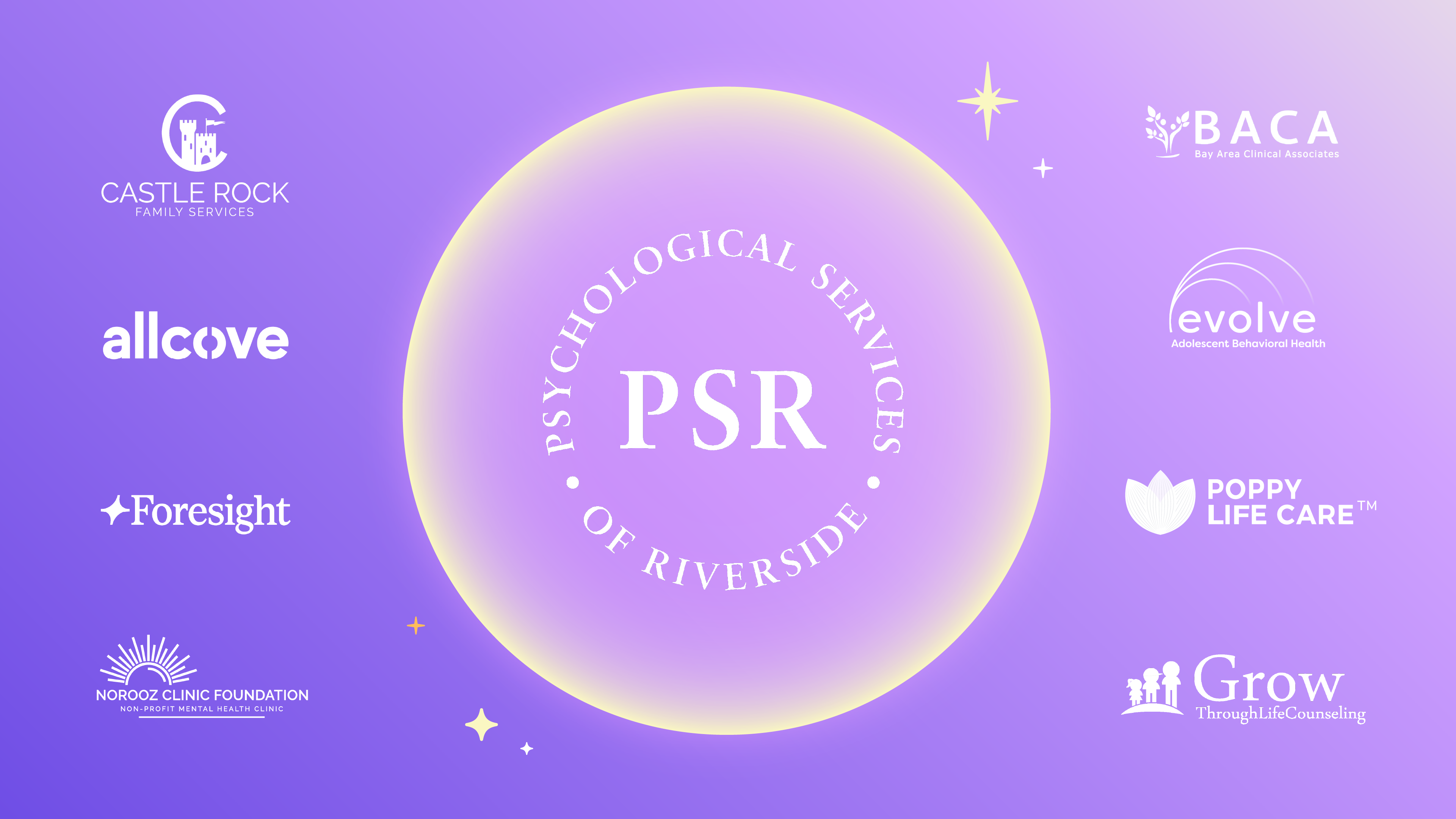 A compilation of affiliate network partner logos with Psychological Services of Riverside highlighted in the middle. Other logos include Norooz Clinic Foundation, allcove, Foresight, Castle Rock Family, BACA, evolve, Poppy Life Care, and Grow.