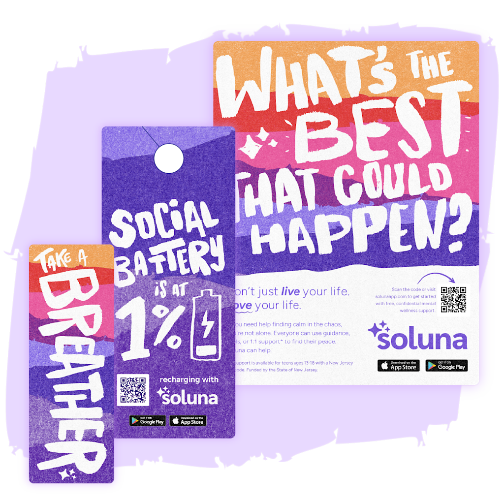 An image of a flyer that says "What's the best that could happen?", a door hanger that says "Social battery is at 1%," and a bookmark that says "Take a breather."