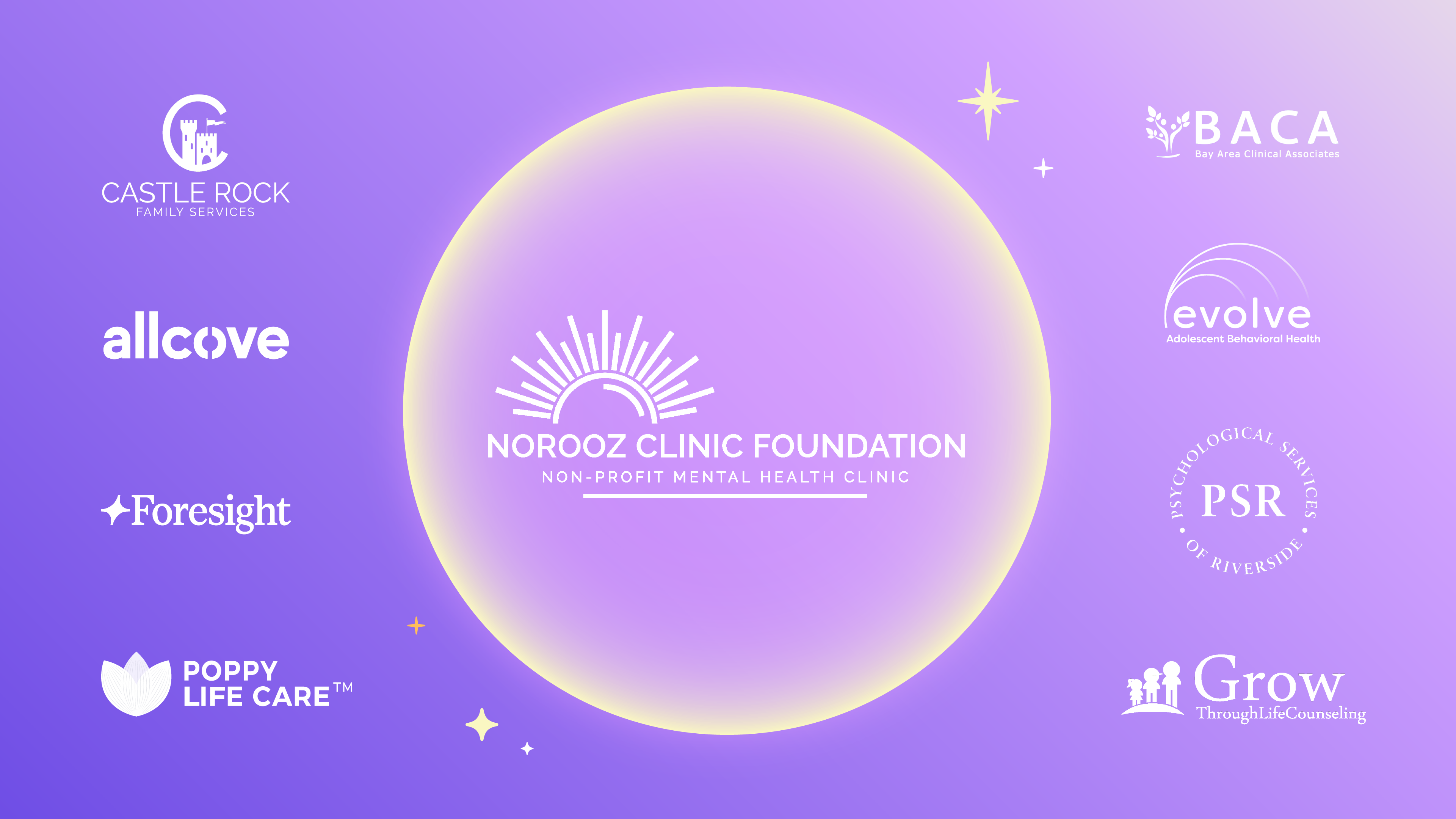 A compilation of affiliate network partner logos with Norooz Clinic Foundation highlighted in the middle. Other logos include Poppy Life Care, allcove, Foresight, Castle Rock Family, BACA, evolve, PSR, and Grow.