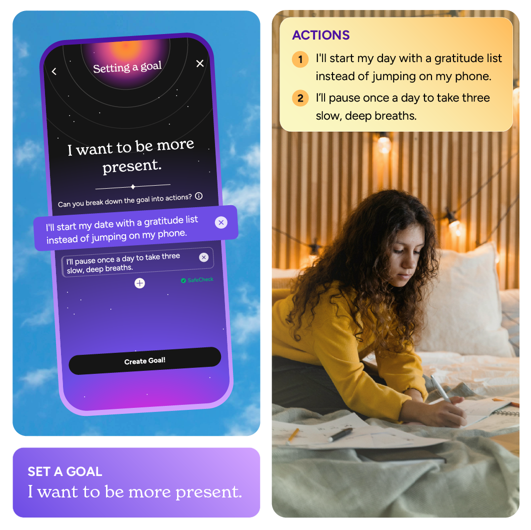 Image of a young person setting a goal in the app to be more present.