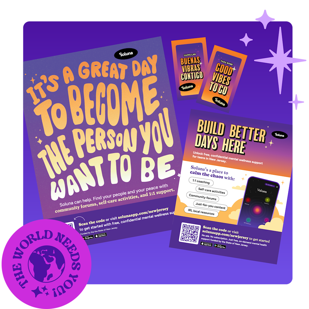 An image of Soluna mini cards, flyers, and posters with a graphic overlay that says, "The world needs you!"