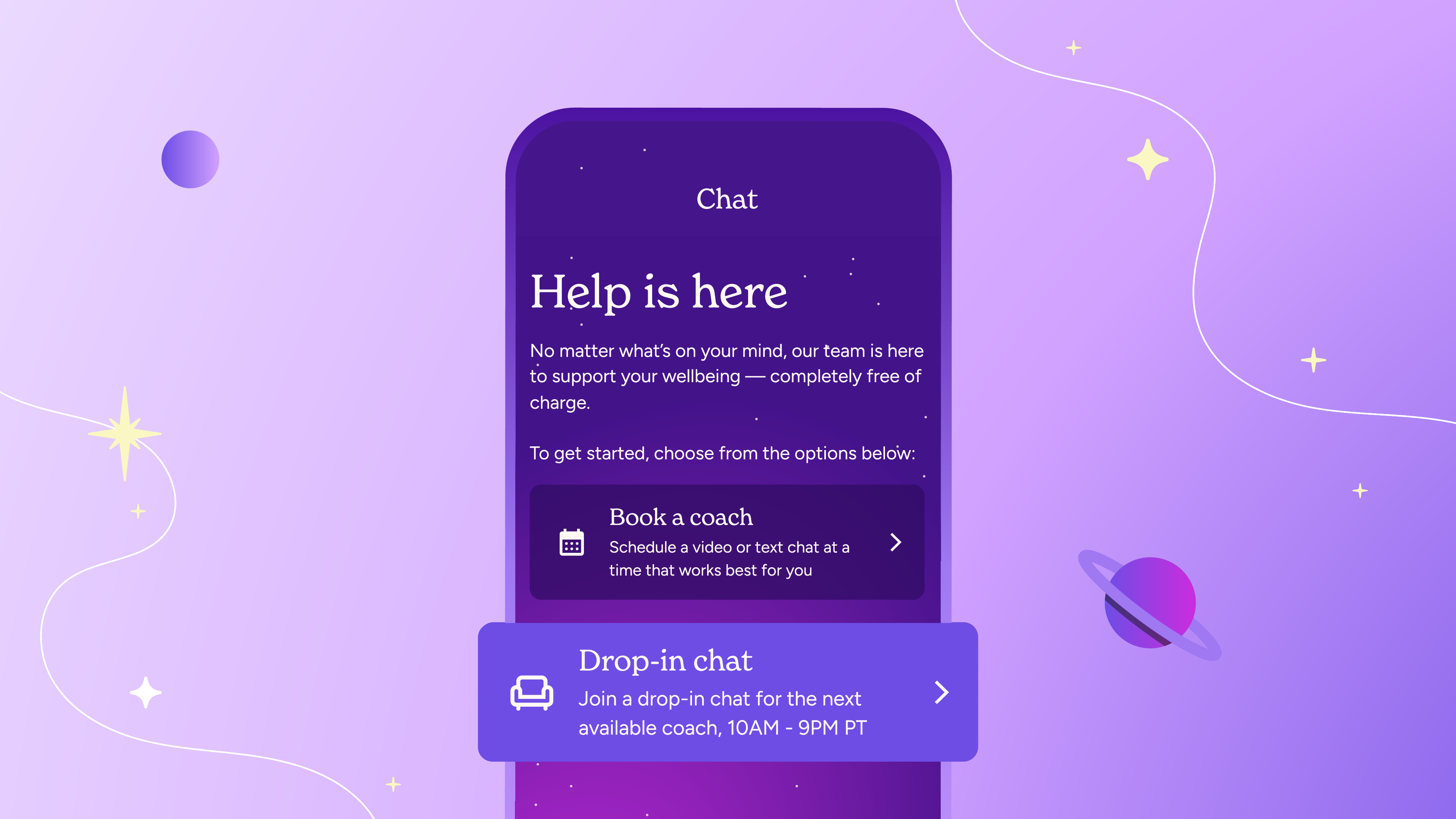An image of the Soluna app chat tab that says "Help is here" with options to book a coach or have a drop-in chat