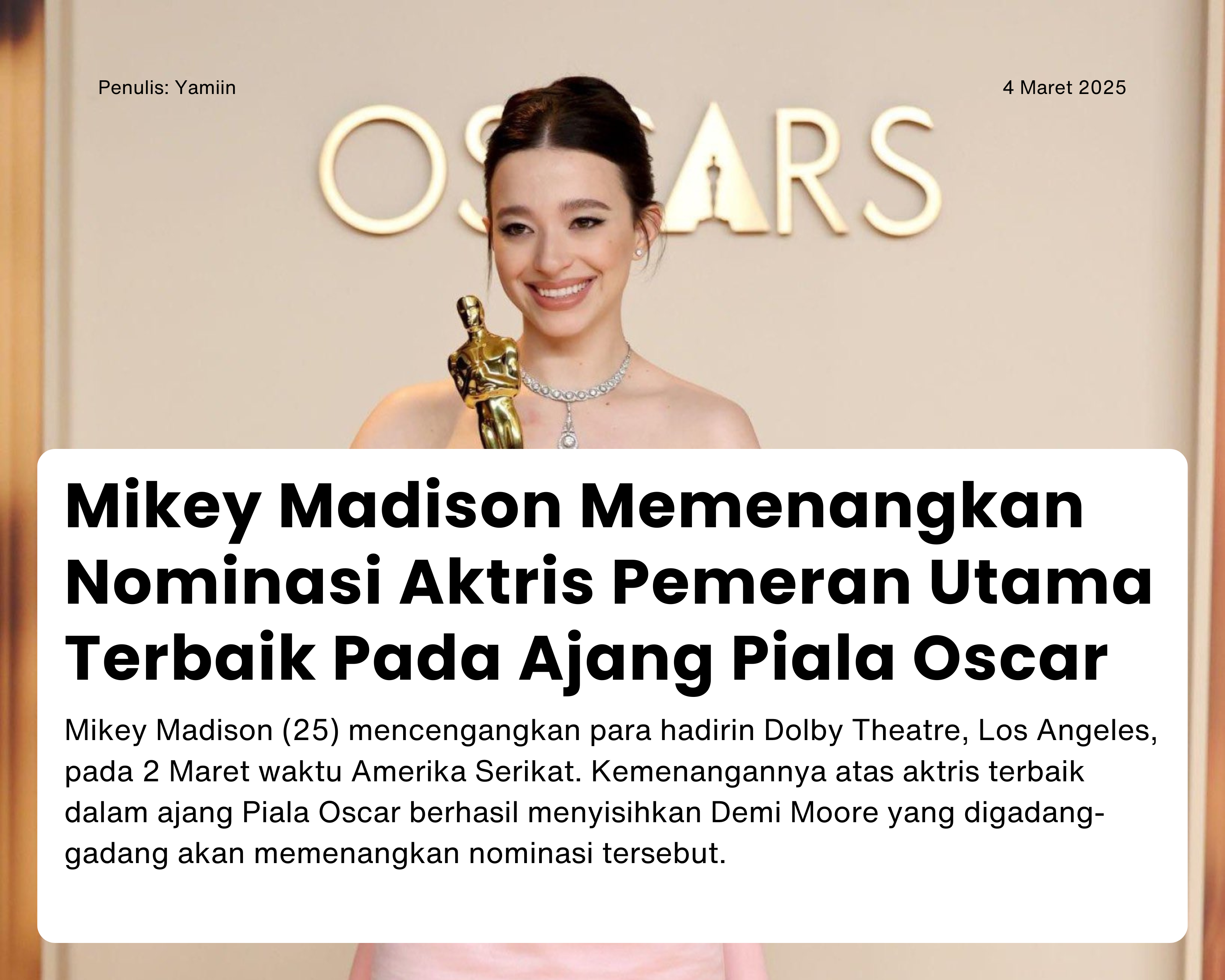 Cover for Mikey Madison Memenangkan Nominasi Aktris Pemeran Utama Terbaik Pada Ajang Piala Oscar