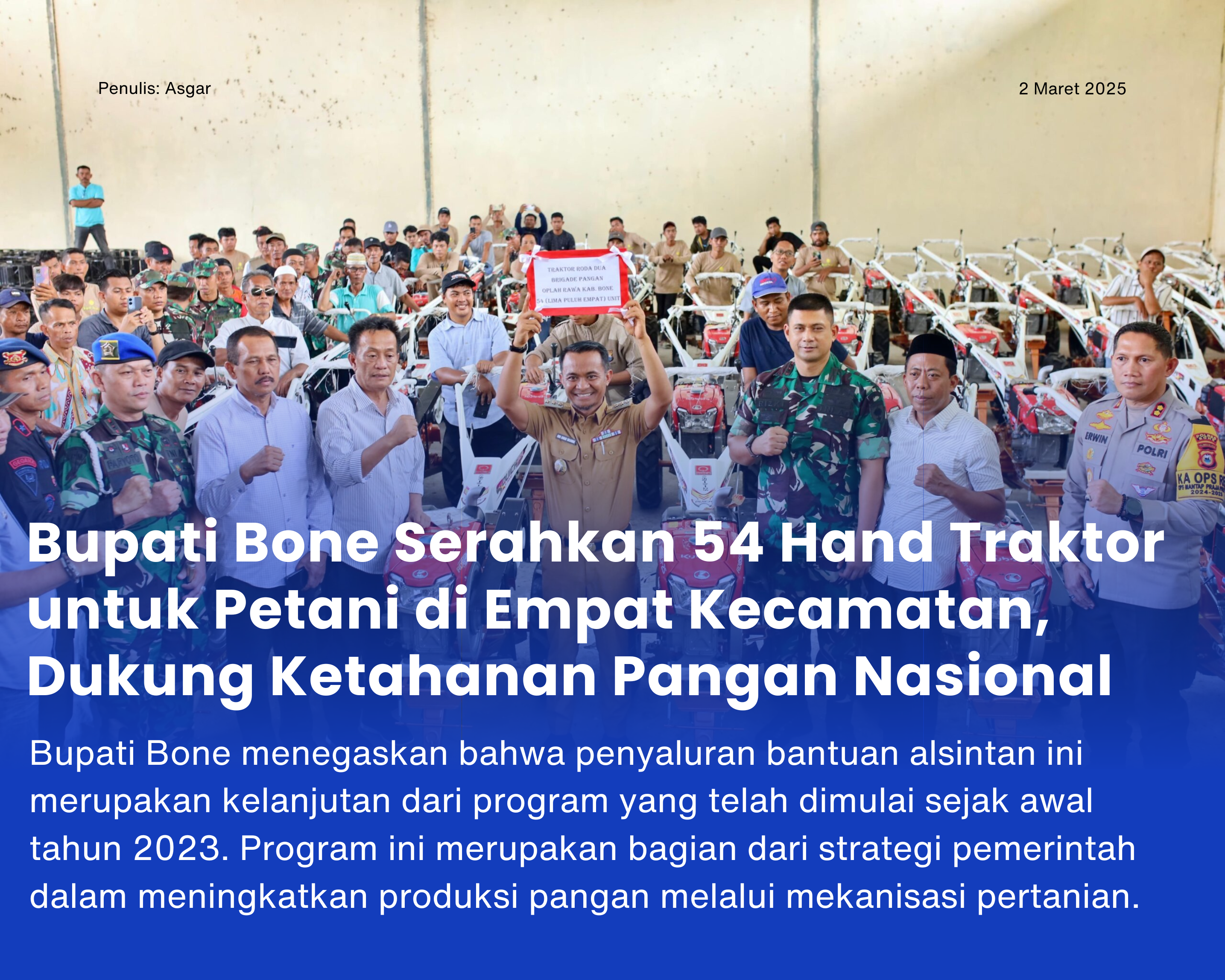 Cover for Bupati Bone Serahkan 54 Hand Traktor untuk Petani di Empat Kecamatan, Dukung Ketahanan Pangan Nasional