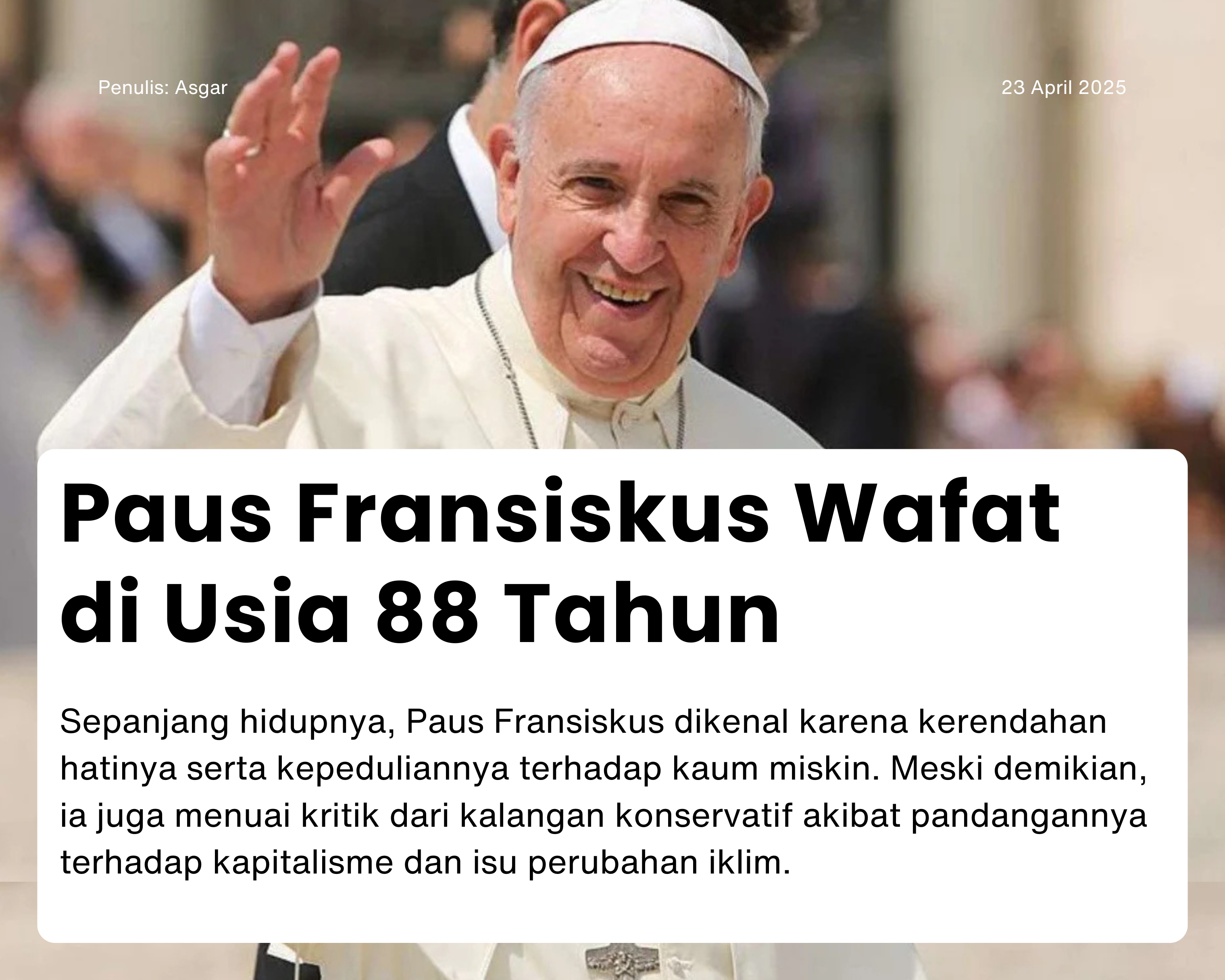 Cover for Paus Fransiskus Wafat di Usia 88 Tahun