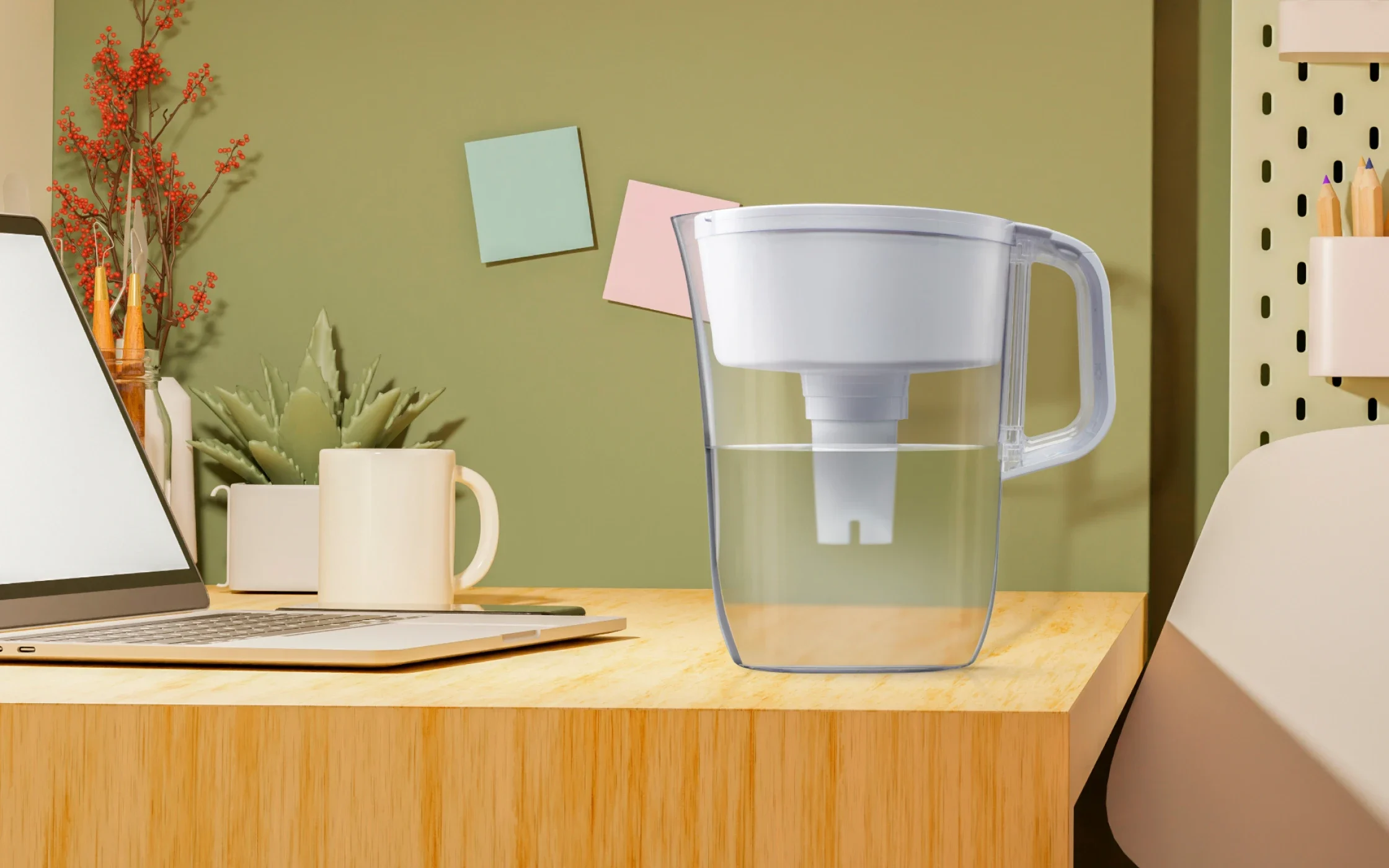 White Tahoe Water Pitcher with Original Filter on desk in dorm room.