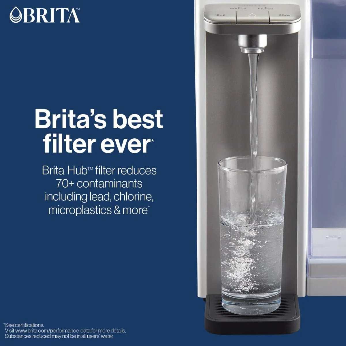 Brita's best filter ever. Brita Hub™ filter reduces 70+ contaminants. Including lead, chlorine, microplastics & more.