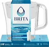 Side Profile of Denali Water Pitcher with Original Filter - White in cardboard packaging