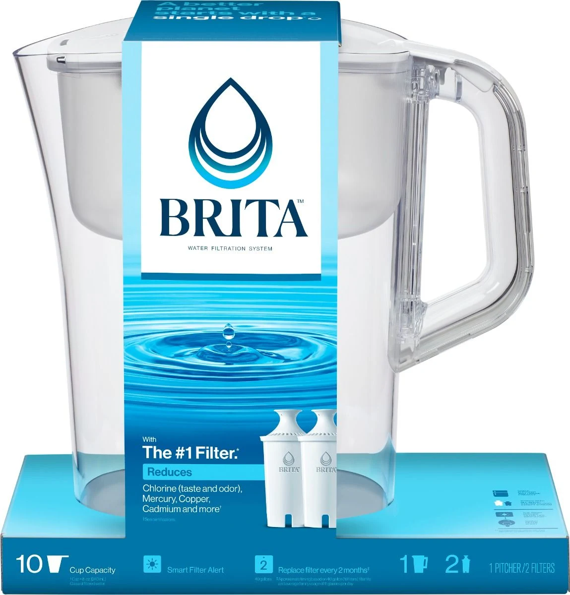 Side Profile of Champlain Water Pitcher - White in cardboard packaging