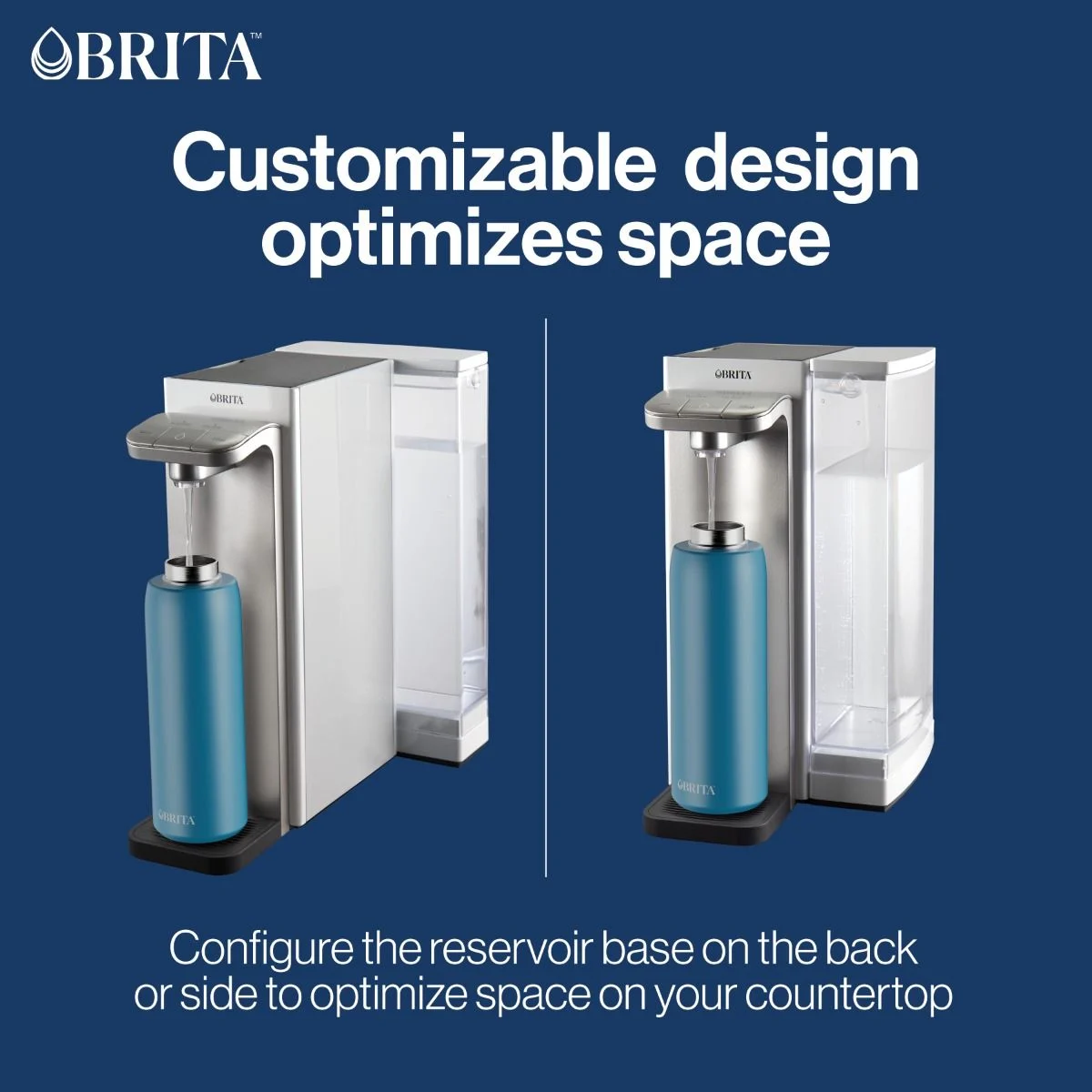 Customizable design allows you to configure the reservoir base on the back or side to optimize space on your countertop.