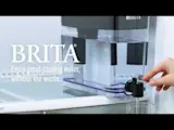 Brita. Enjoy great-tasting water, without the waste. Person filling glass with water from Brita dispenser inside refrigerator.