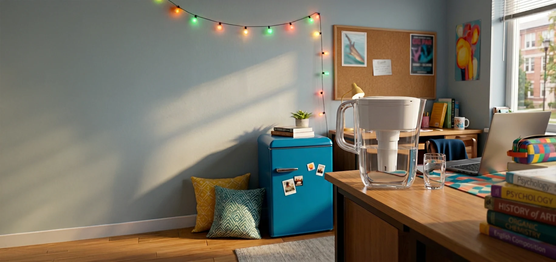 Brita Denali White Pitcher on desktop in student's room