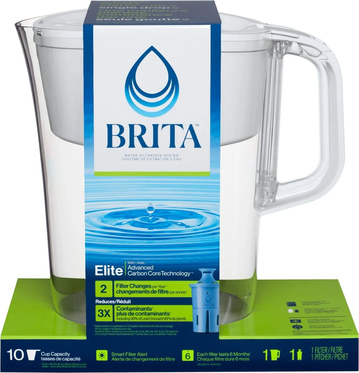 Side Profile of Tahoe Water Pitcher with Elite Filter - White in cardboard packaging