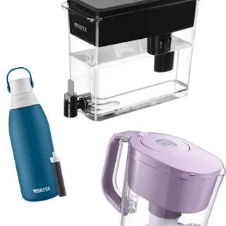Collage of Brita products, including Brita Water bottle, Dispenser, and Pitcher