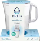 Side profile of Brita® Refillable Water Filtration System with White Tahoe Water Pitcher and 1 Refillable Filter in cardboard packaging.