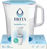 Side profile of Brita® Refillable Water Filtration System with White Tahoe Water Pitcher and 1 Refillable Filter in cardboard packaging.