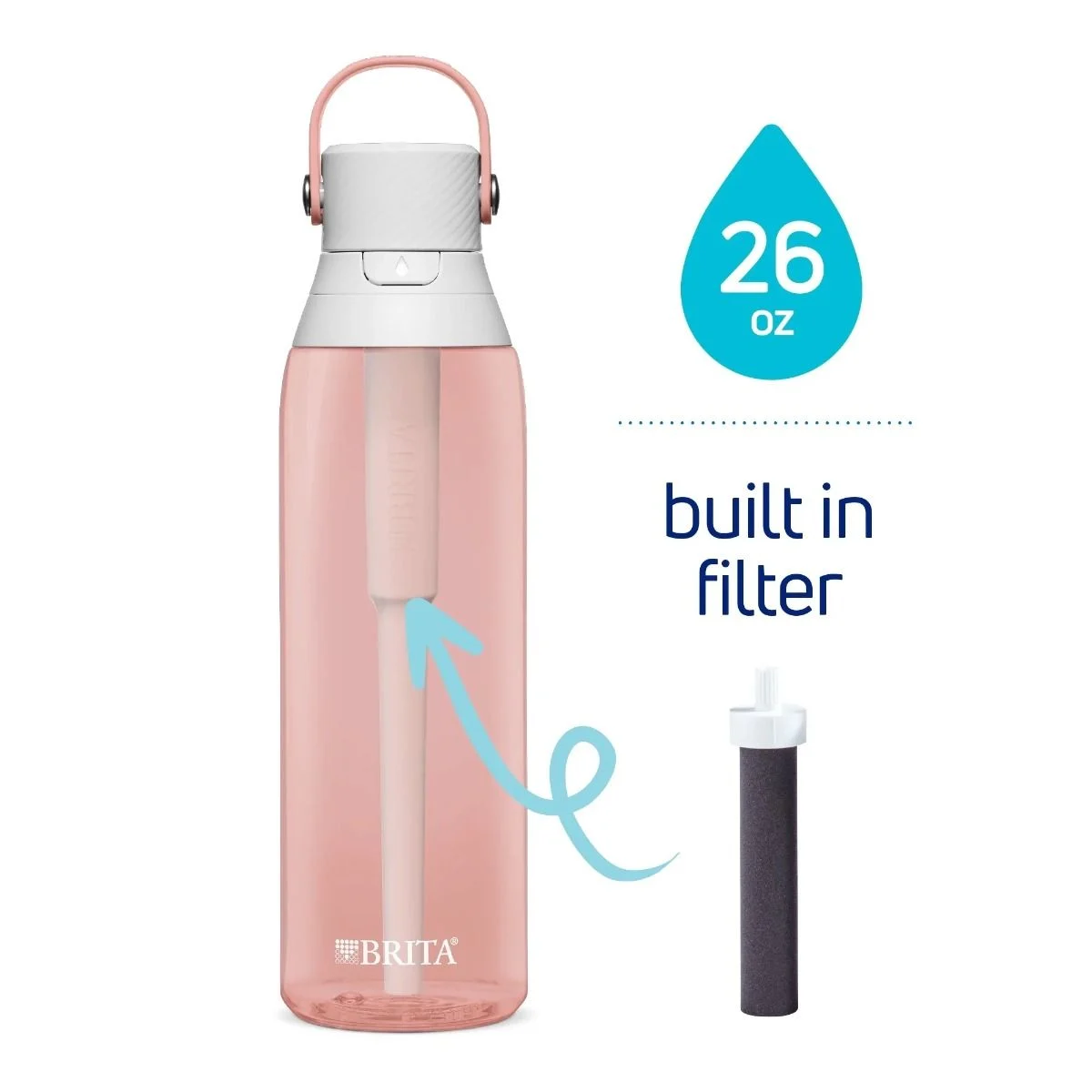 26oz hard-side water bottle with built in filter reservoir and replaceable filter.