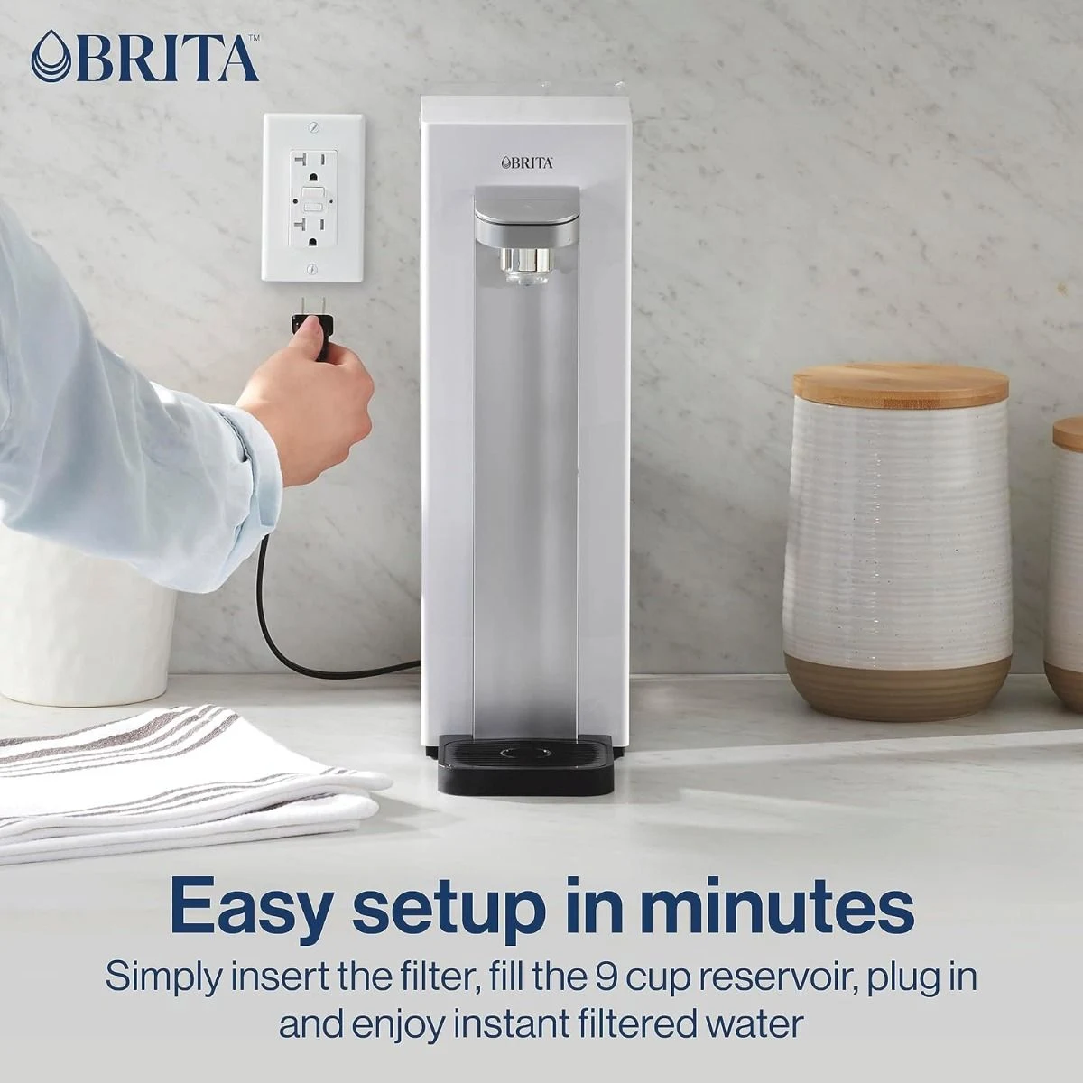 It's easy to setup in minutes. Simply insert the filter, fill the 9-cup reservoir, plug in and enjoy instant filtered water.