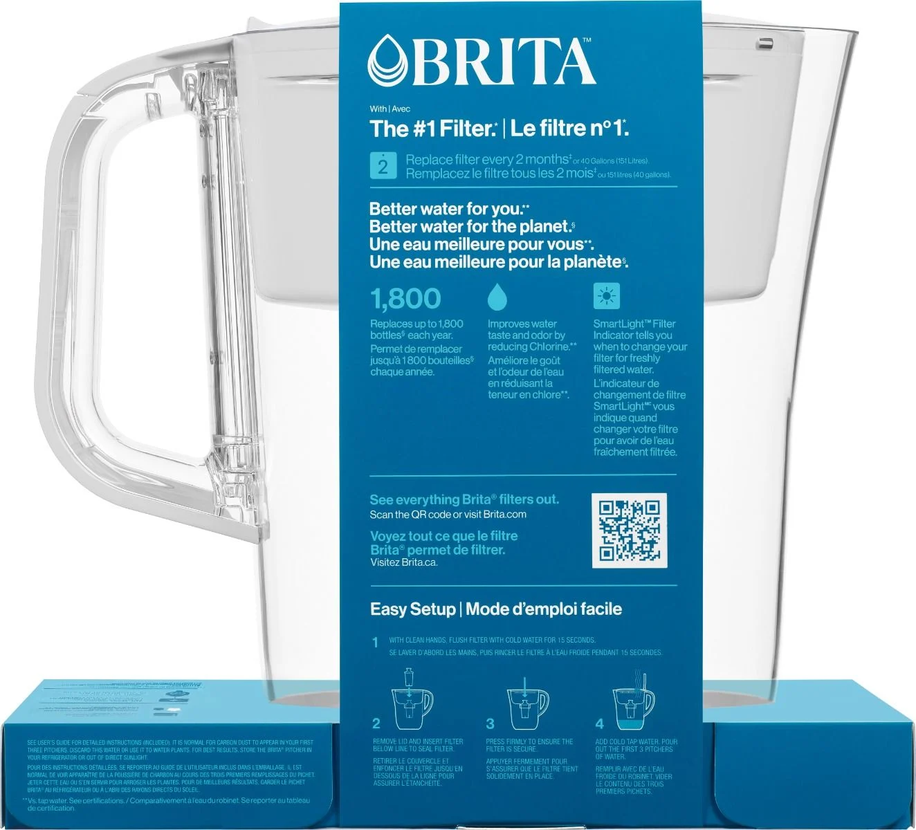 Back Profile of Denali Water Pitcher with Original Filter - White in cardboard packaging