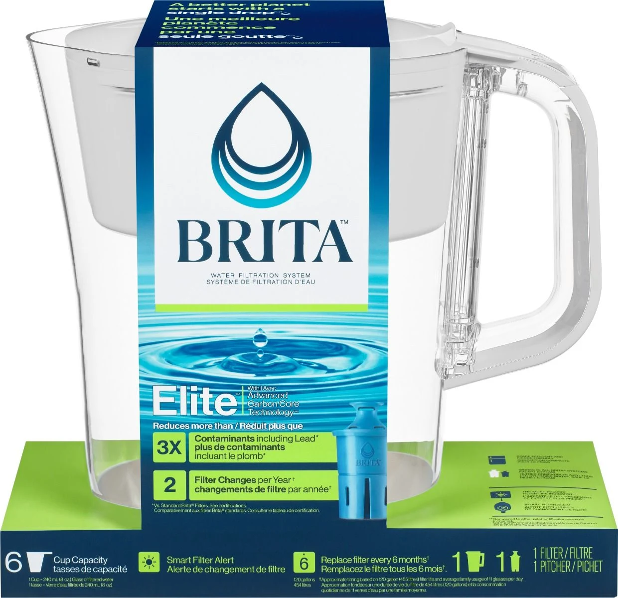 Side profile of Brita Denali Pitcher with Elite filter in packaging