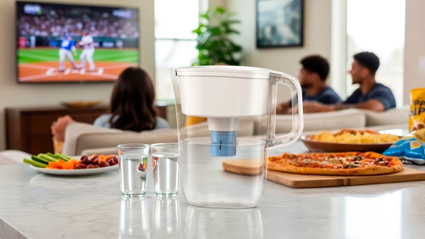 Brita Elite pitcher on kitchen island, next to water glass and food.