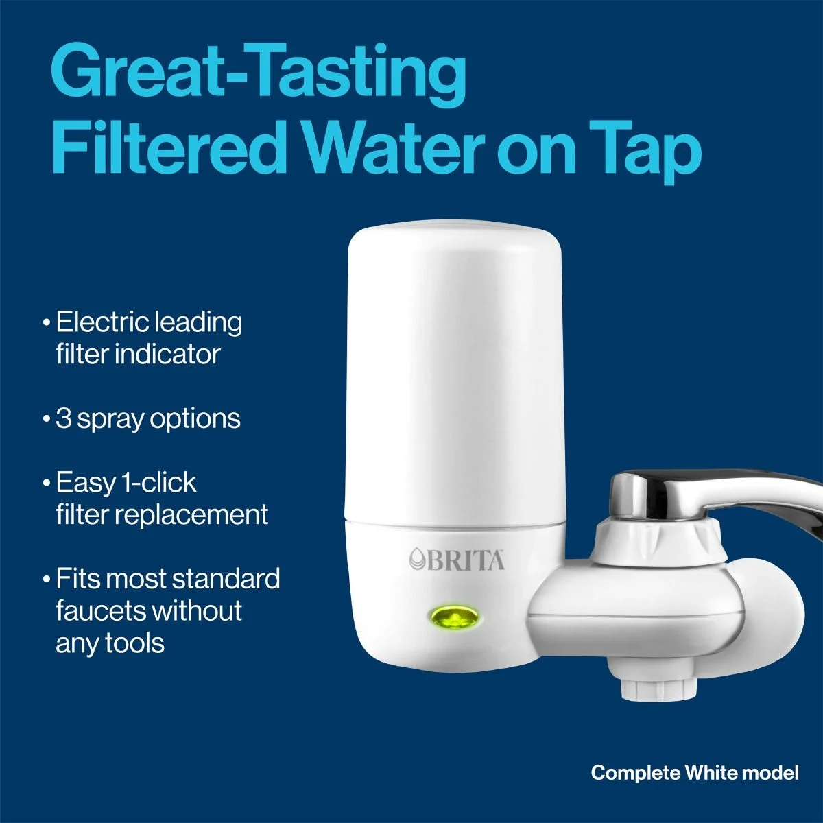 Great tasting filtered water on tap. Electric leading filter indicator. 3 spray options. Easy filter replacement. Fits most standard faucets without any tools.