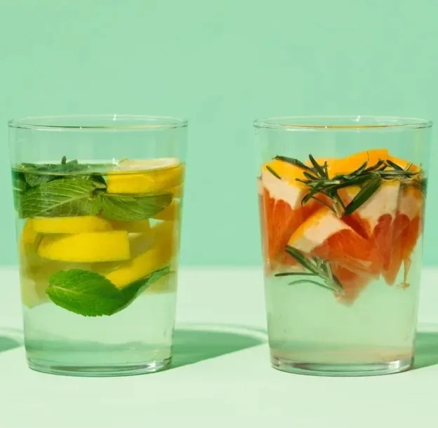 Four glasses of water with various fruits and herbs in them, such as sliced citrus, mint and rosemary).