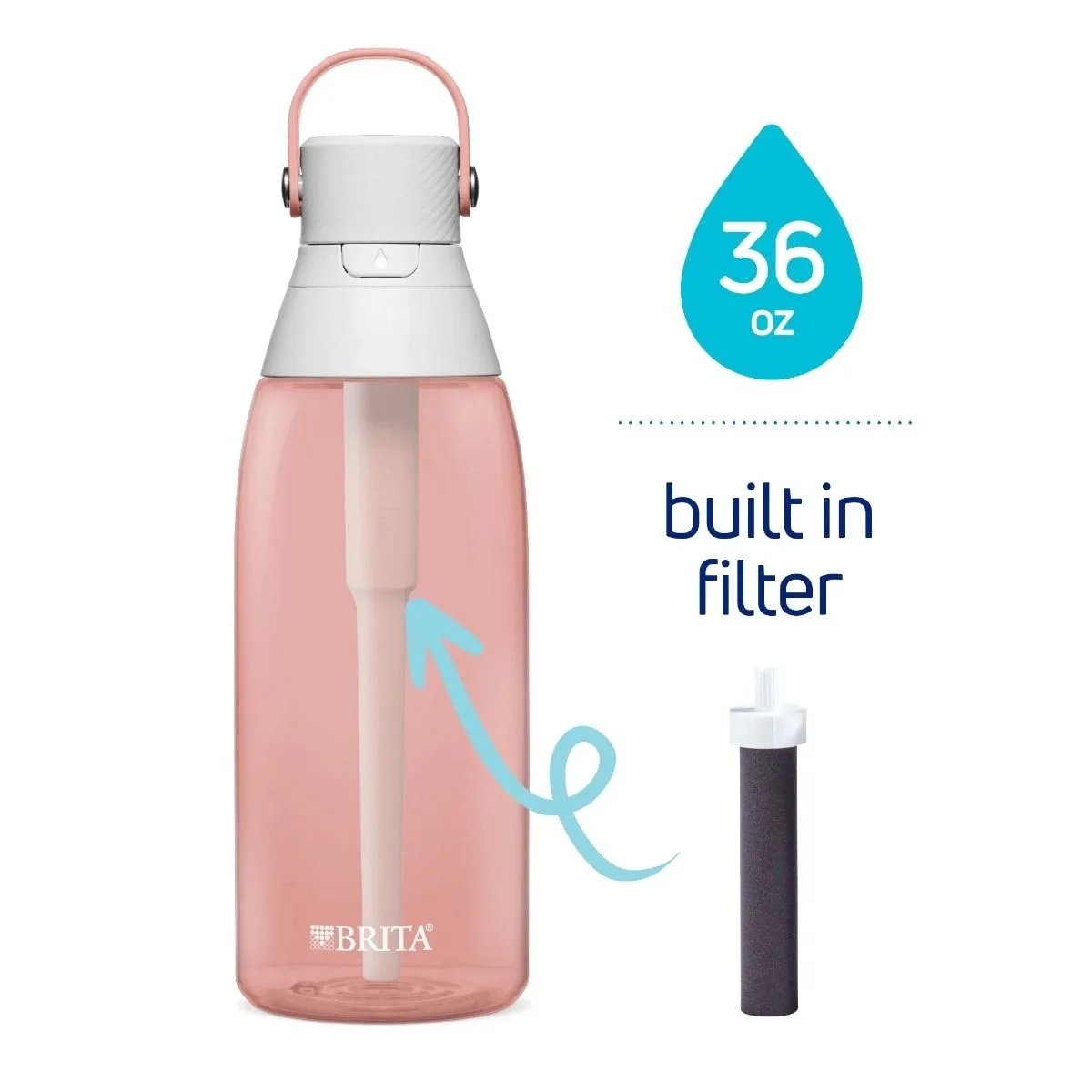 36oz hard-side water bottle with built in filter reservoir and replaceable filter.