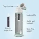 Easy-sip straw. Leak-proof lid. Double wall insulated. Sleek 20oz. capacity. Filter fits inside straw, inside bottle.