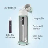 Easy-sip straw. Leak-proof lid. Double wall insulated. Sleek 20oz. capacity. Filter fits inside straw, inside bottle.