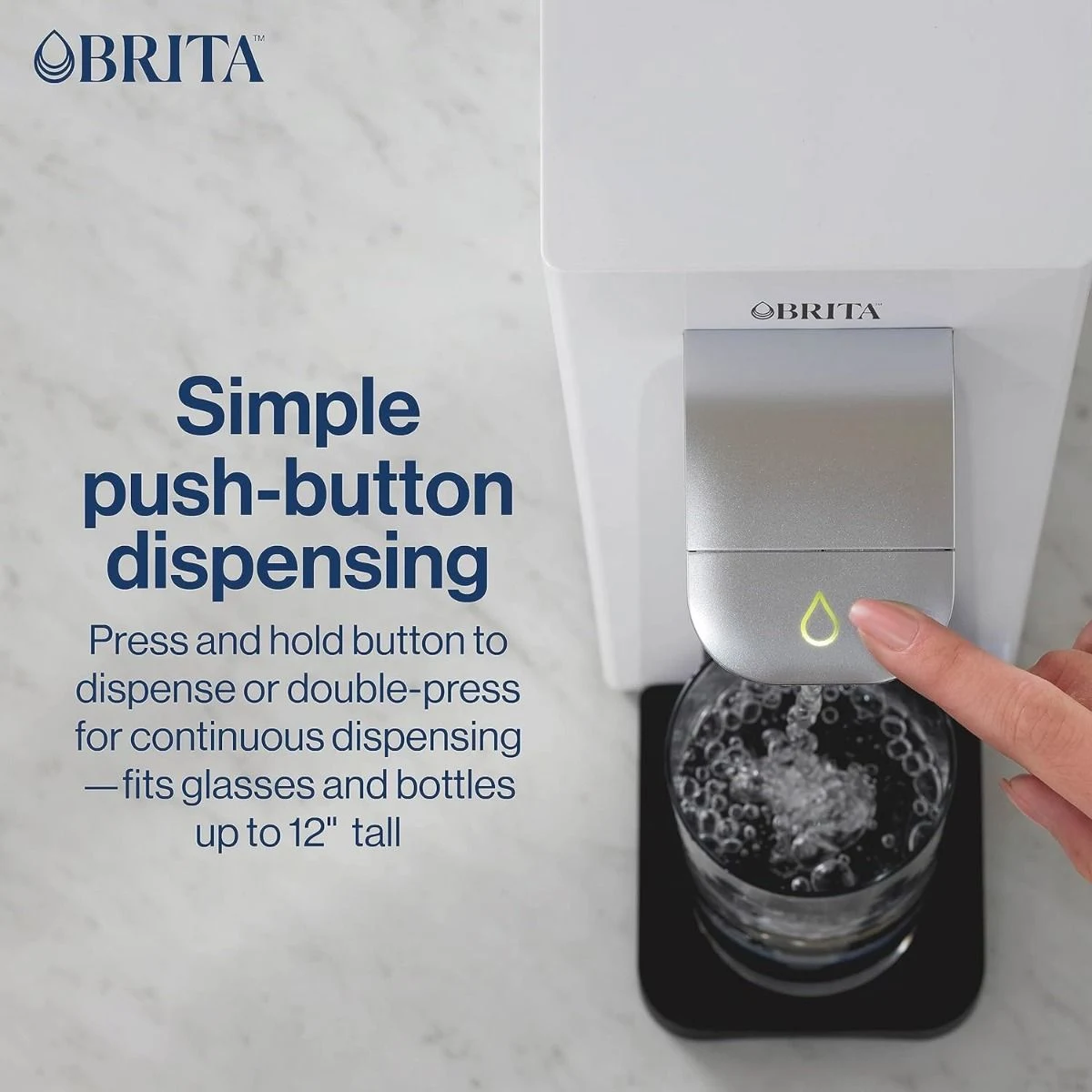 Press and hold to dispense or double-press for continuous dispensing. Fits glasses and bottles up to 12" tall.