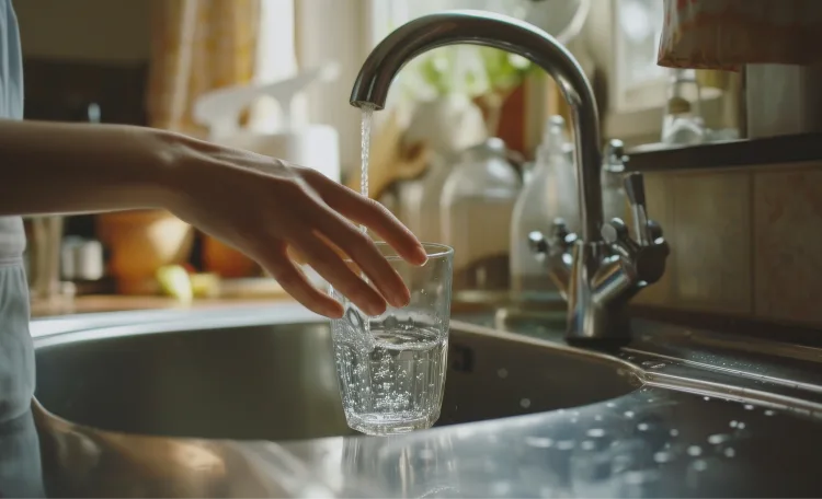 Person filling water glass from kitchen sink faucet.