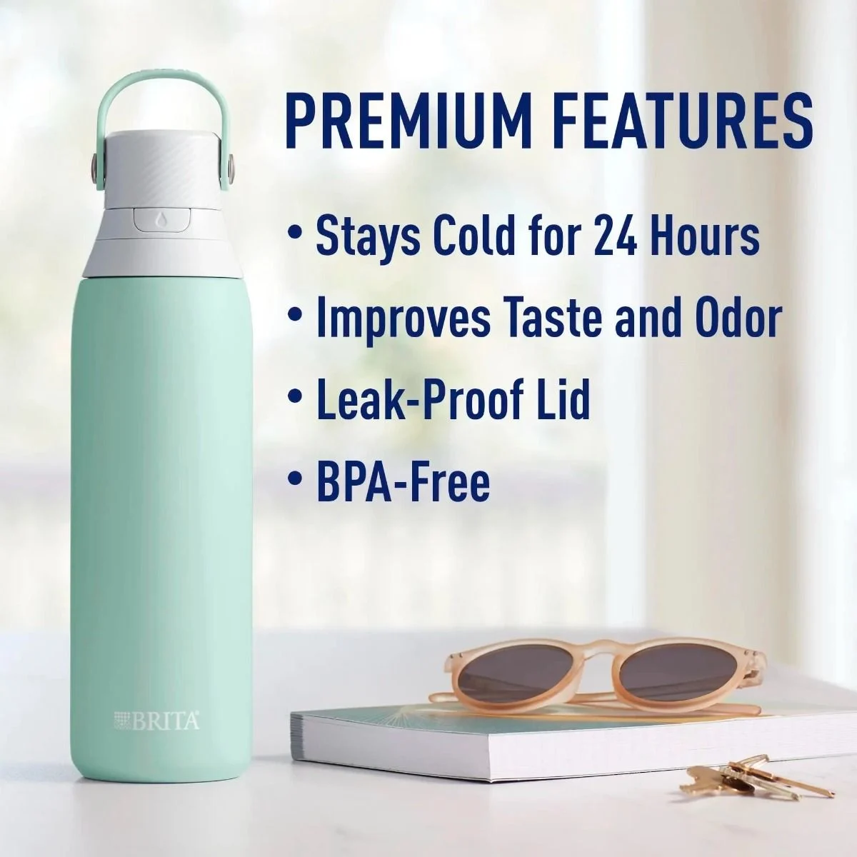 Premium features. Stays cold for 24 hours. Improves taste and odor. Leak-proof lid. BPA-free.