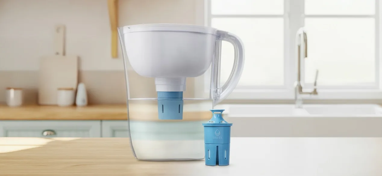 Brita Elite filter next to Brita water pitcher.