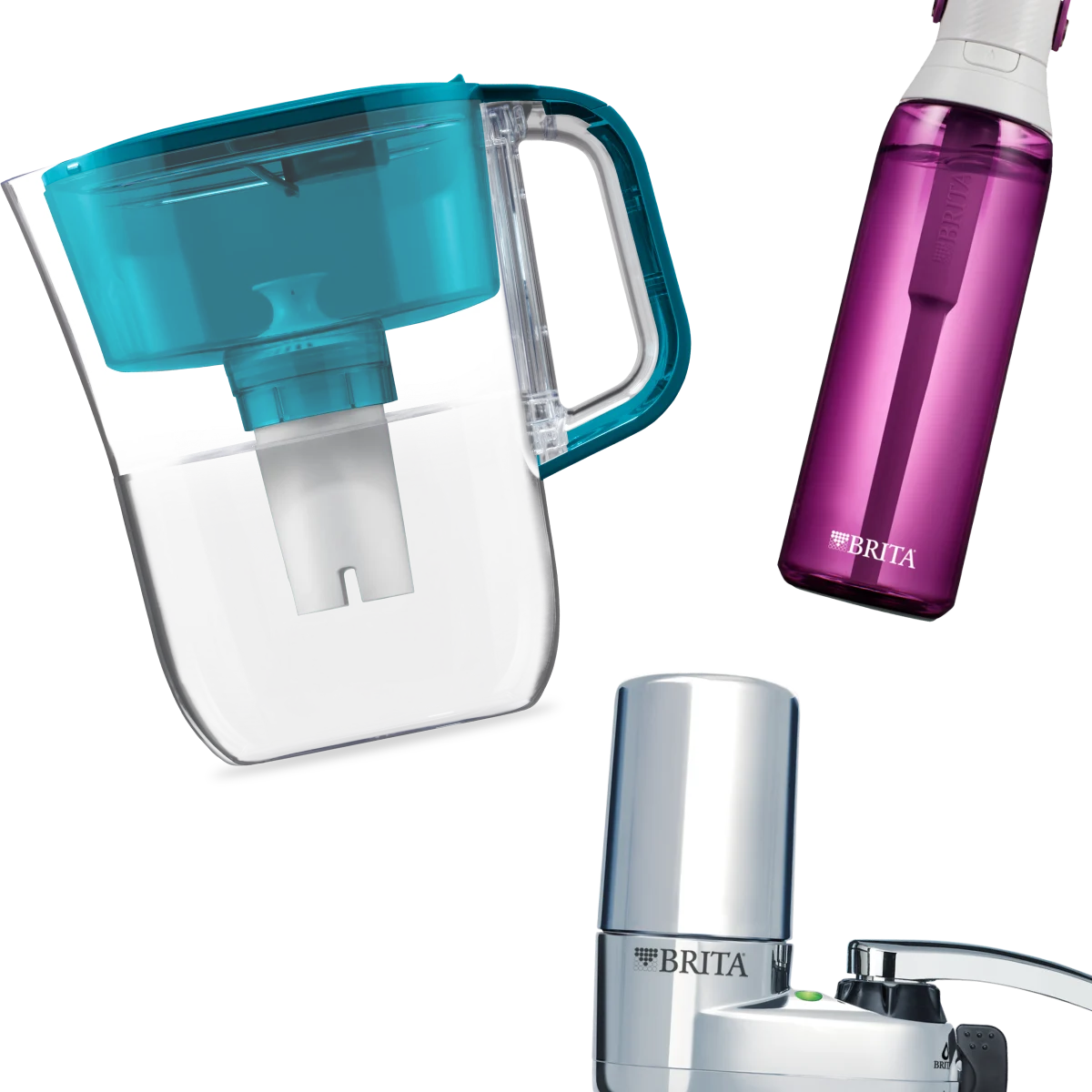 Collage of Brita products, including Brita Pitcher, Water bottle and Faucet Mount.