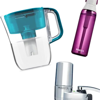 Collage of Brita products, including Brita Pitcher, Water bottle and Faucet Mount.