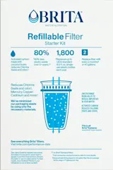 Back of Brita® Refillable Water Filtration Starter Kit with 1 Reusable Filter Shell and 3 Filter Refills packing carton.