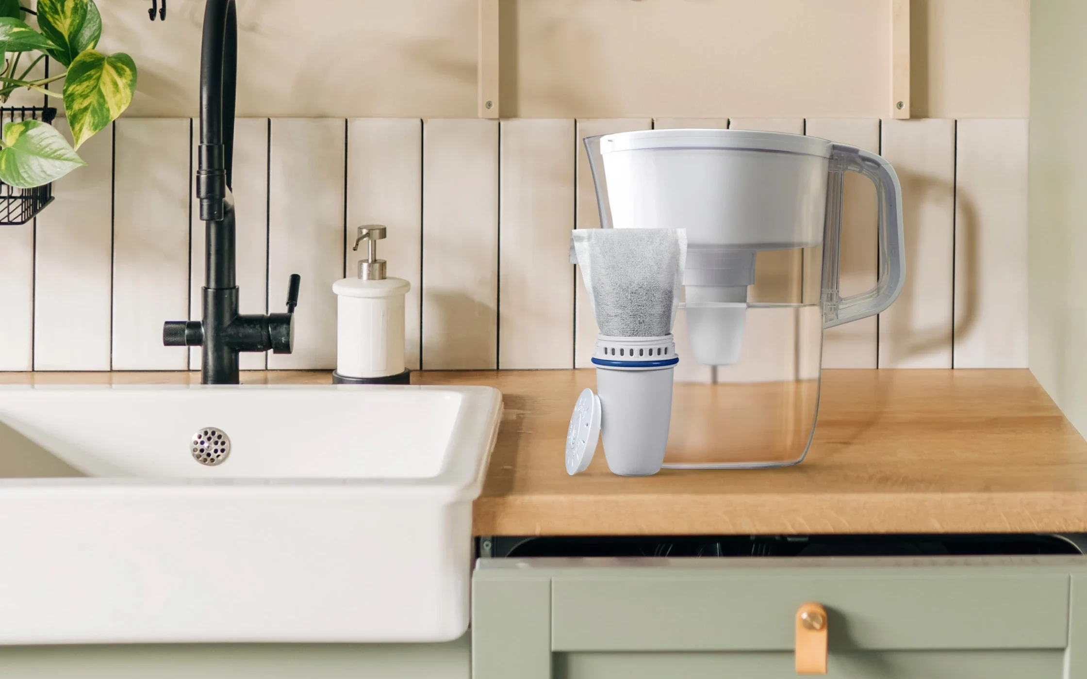 Brita® Refillable Water Filtration System with White Tahoe Water Pitcher and 1 Refillable Filter on kitchen counter.