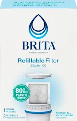 Front of Brita® Refillable Water Filtration Starter Kit with 1 Reusable Filter Shell and 3 Filter Refills packing carton.