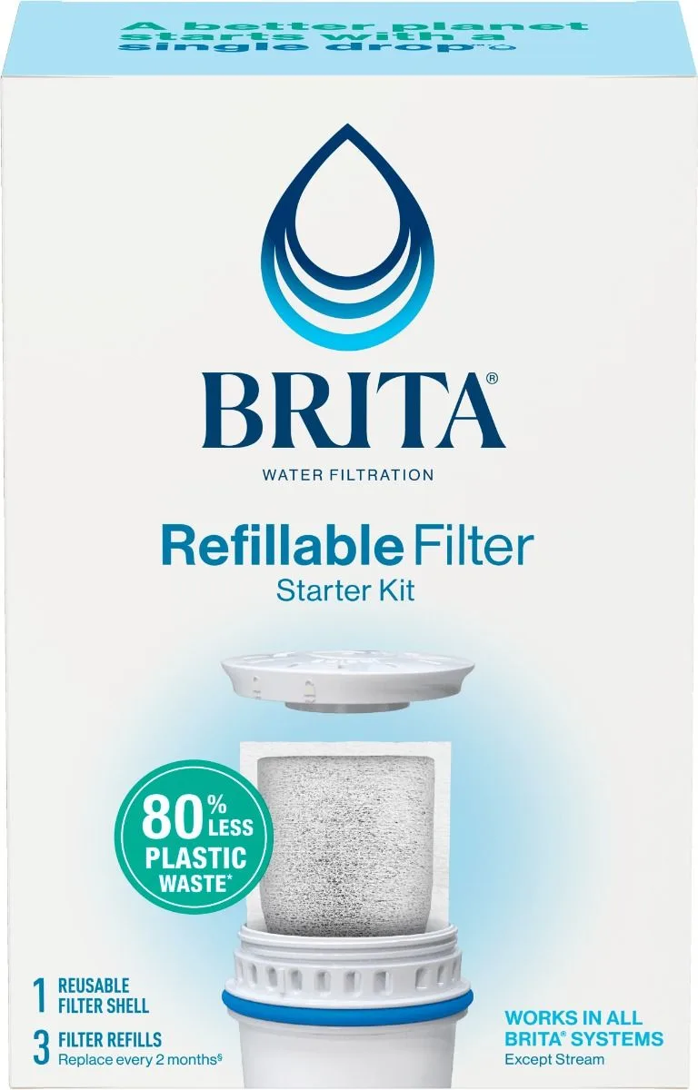 Front of Brita® Refillable Water Filtration Starter Kit with 1 Reusable Filter Shell and 3 Filter Refills packing carton.