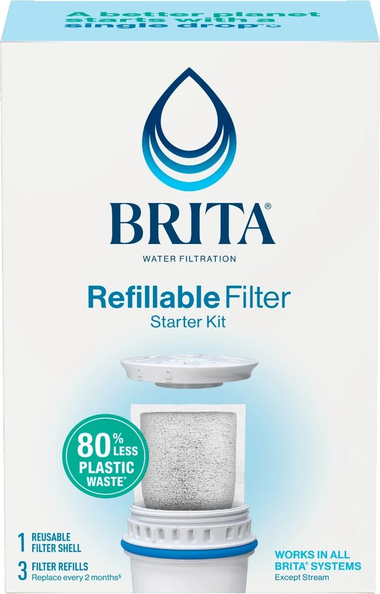 Front of Brita® Refillable Water Filtration Starter Kit with 1 Reusable Filter Shell and 3 Filter Refills packing carton.